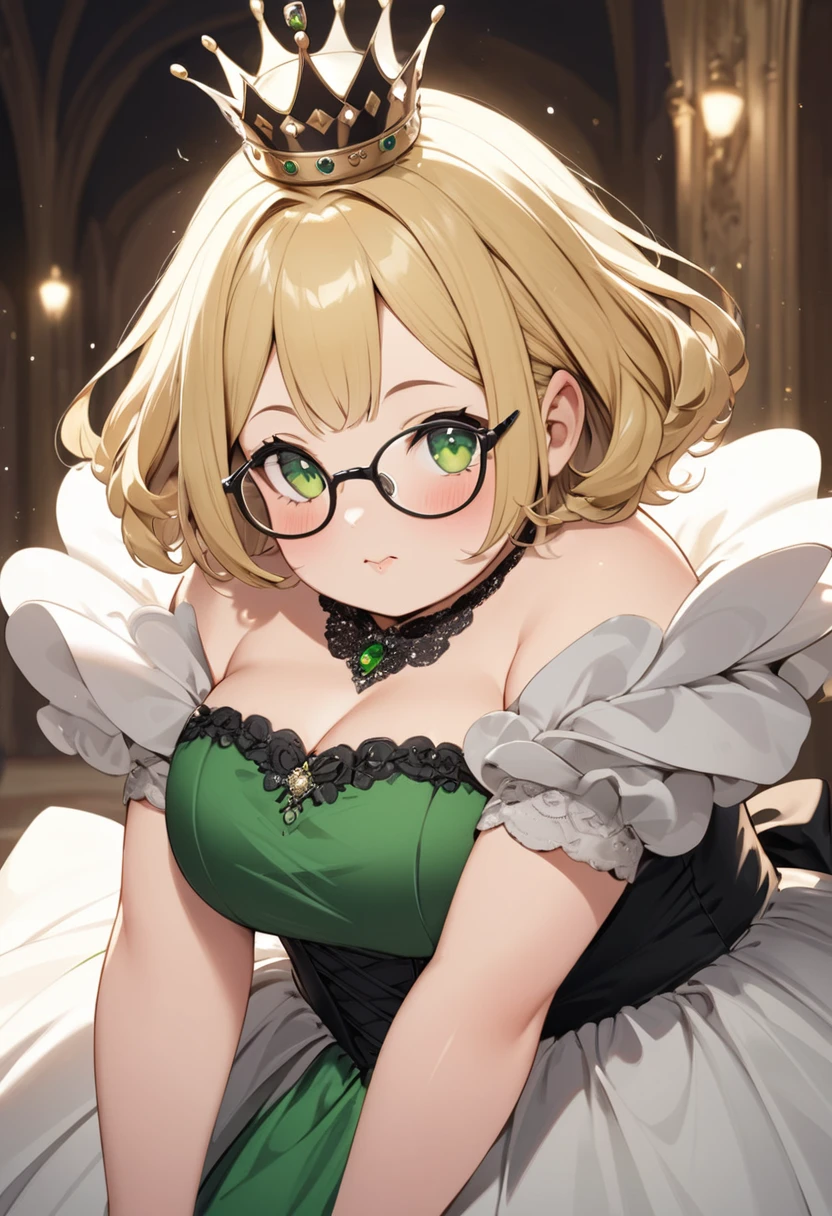 chubby girl, Blonde with green eyes, medium length hair, round facial features, glasses with black square frames Ball gown, royal crown