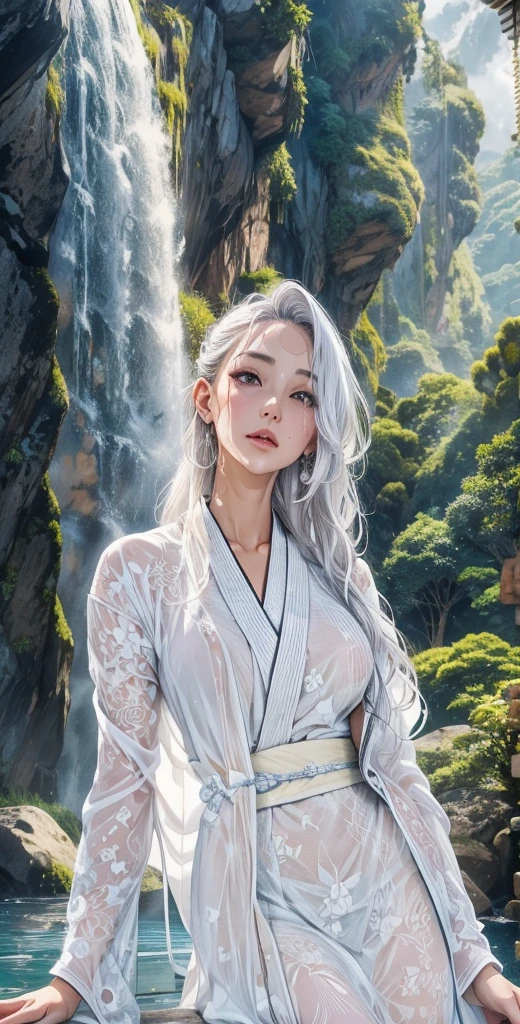 waterfall、Her white kimono is wet and transparent、waterfall修行、cute、40 year old Japanese woman、Silver Hair、長い髪のSilver Hair、My hair is wet too、waterfallに打たれて濡れている、The lines of your body are visible when wet、The kimono is a plain white one.、The kimono is all white、The kimono has no pattern.、The clothes get wet and stick to the body.、White 、All-white kimono、pure white kimono、Her kimono is wet and her skin is visible through it.、The white kimono I touched、White plain kimono、White robeswhole body is wet with water、The fabric of the kimono is thin all over.、The skin of the whole body is transparent、The whole body of the kimono is wet and the skin is visible.、My face is wet、Her white kimono is showing through and is skin-colored