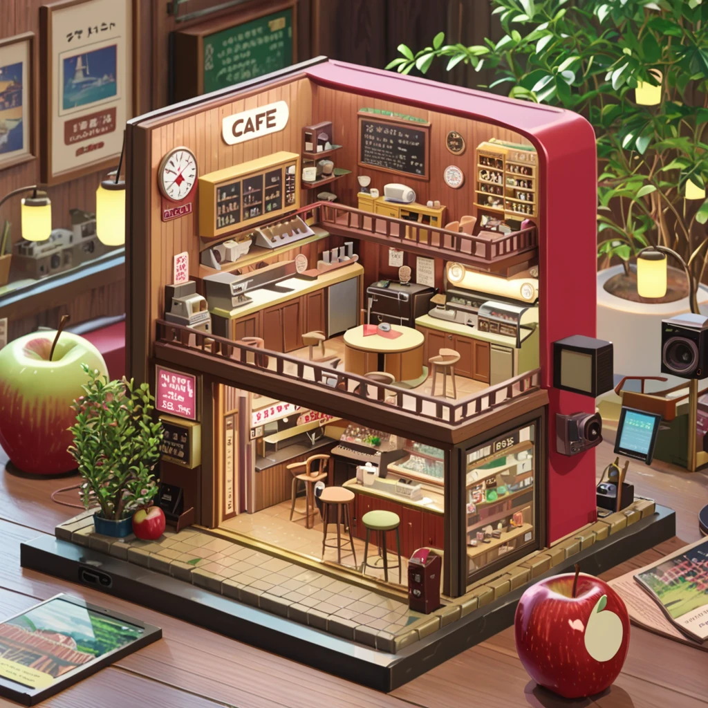 ((anime:1.4,illustration)),(masterpiece, top quality, best quality),(ultra-detailed, absolutely resolution),((16k, high res)),

(((a miniature of a model of a lofi cafe inside an apple, incredibly detailed, a microscopic photo, photorealism))

((cosy lofi illustration:1.4)), ((anime:1.4, illustration)),(masterpiece, top quality, best quality),(ultra-detailed, absolutely resolution),((16k, high res)) BREAK {lofi art, style of Laurie Greasley, style of Makoto Shinkai, anime aesthetic}, BREAK { (produces images with information than 40 million pixels with cinematic-like detailed textures shot on a Sony SLR).}