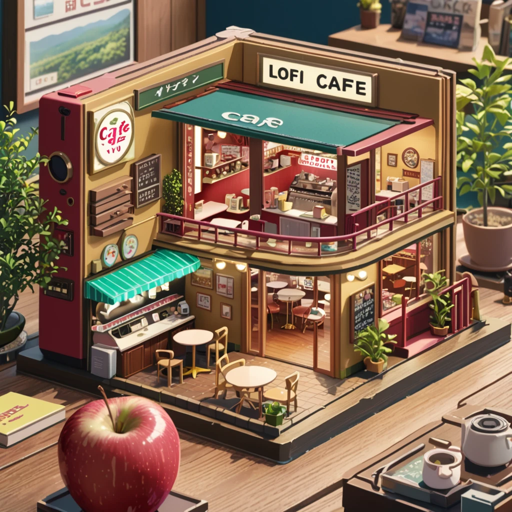 ((anime:1.4,illustration)),(masterpiece, top quality, best quality),(ultra-detailed, absolutely resolution),((16k, high res)),

(((a miniature of a model of a lofi cafe inside an apple, incredibly detailed, a microscopic photo, photorealism))

((cosy lofi illustration:1.4)), ((anime:1.4, illustration)),(masterpiece, top quality, best quality),(ultra-detailed, absolutely resolution),((16k, high res)) BREAK {lofi art, style of Laurie Greasley, style of Makoto Shinkai, anime aesthetic}, BREAK { (produces images with information than 40 million pixels with cinematic-like detailed textures shot on a Sony SLR).}