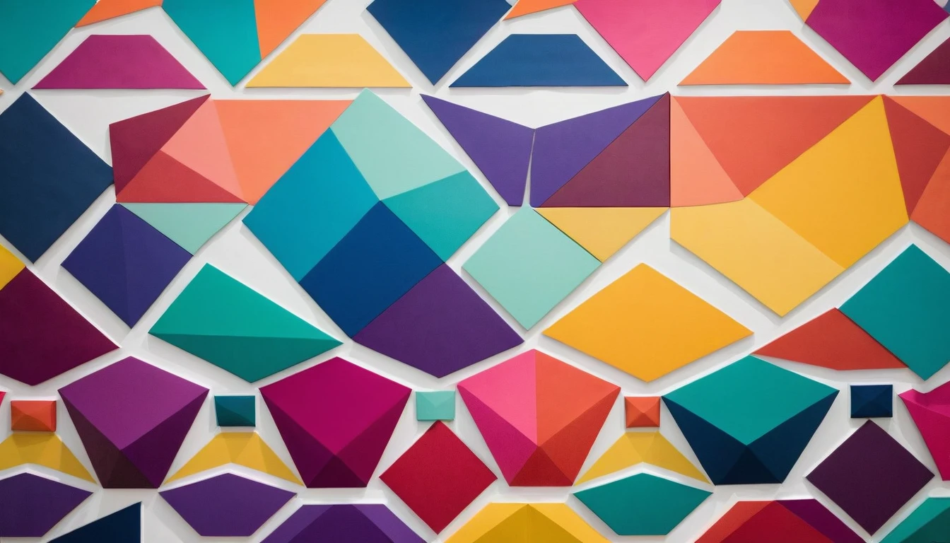 Create a backdrop with colorful, multifaceted geometric patterns, with a combination of diverse shapes and color contrasts that create an interesting visual effect.