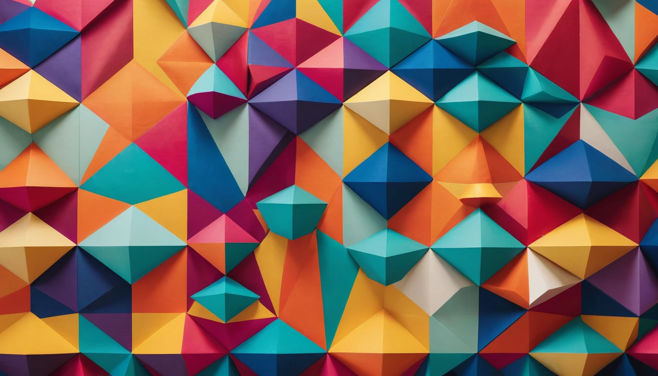 Create a backdrop with colorful, multifaceted geometric patterns, with a combination of diverse shapes and color contrasts that create an interesting visual effect.