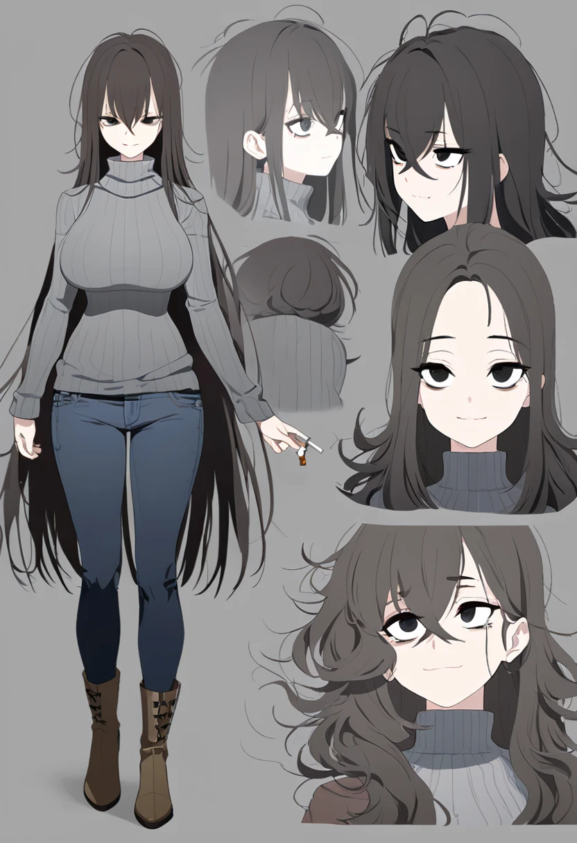 One Woman,Downer,older sister,Concept Art,Dark brown hair,Straight hair with slight inward curls,Staring eyes,Eye Ridge,black eye,Crossed bangs,whole body,smile,Larger breasts,Gray background,Bangs that reach down to the eyes,Messy hair,Tight dark jeans,Gray turtleneck sweater,Multiple views of the same character,Character Design,Dark circles under the eyes,Bad look,Listless,Sloppy,Silver Jewelry,Cafe staff,Holding a cigarette,whole bodyCharacter Design,Detailed hands,Height: 170cm,boots,Fleshy body,