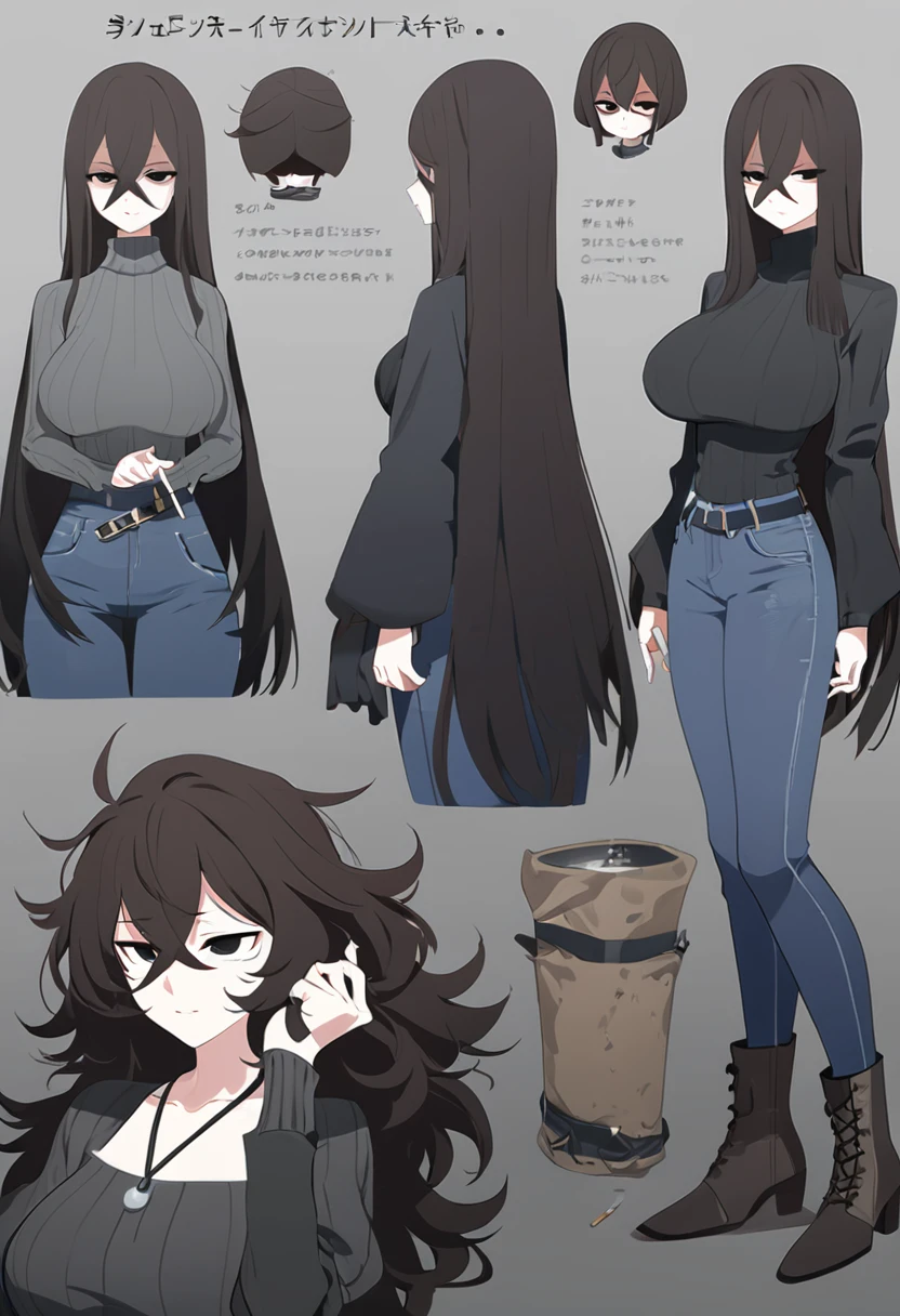 One Woman,Downer,older sister,Concept Art,Dark brown hair,Straight hair with slight inward curls,Staring eyes,Eye Ridge,black eye,Crossed bangs,whole body,smile,Larger breasts,Gray background,Bangs that reach down to the eyes,Messy hair,Tight dark jeans,Gray turtleneck sweater,Multiple views of the same character,Character Design,Dark circles under the eyes,Bad look,Listless,Sloppy,Silver Jewelry,Cafe staff,Holding a cigarette,whole bodyCharacter Design,Detailed hands,Height: 170cm,boots,Fleshy body,