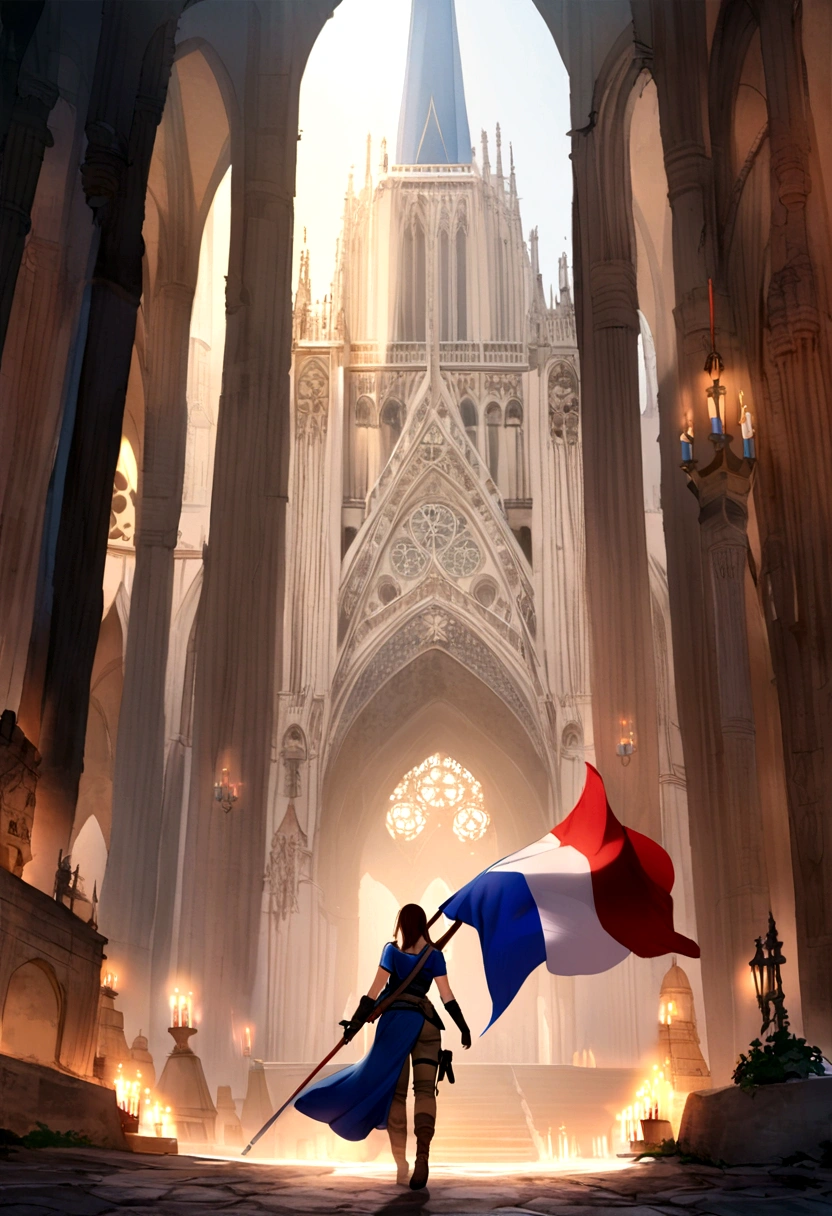 Tomb Raider with a flag of France in blue white red, behind Notre Dame de Paris