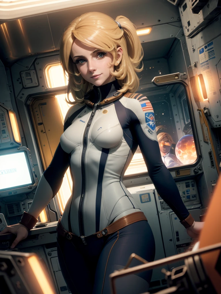 Helen Skelton, floating in zero gravity, smiling, moist skin, full figure, sports bra, prominent nipples, legs in bulky spacesuit, realistic NASA spacesuit and helmet, blonde hair floating, very small girlish breasts, onboard space station, Earth outside, sunbeam shining in through round viewport, floating spanner, floating screwdrivers, floating bolts, dramatic light, deep shadows