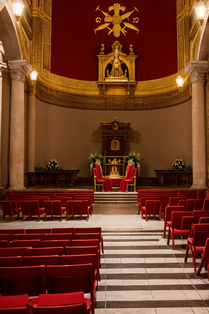 Graduacion de universidad con toga, birrete y estola roja, with all the graduates in red chairs like perfect thrones in front of the altar