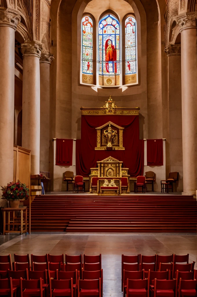 Graduacion de universidad con toga, birrete y estola roja, with all the graduates in red chairs like perfect thrones in front of the altar