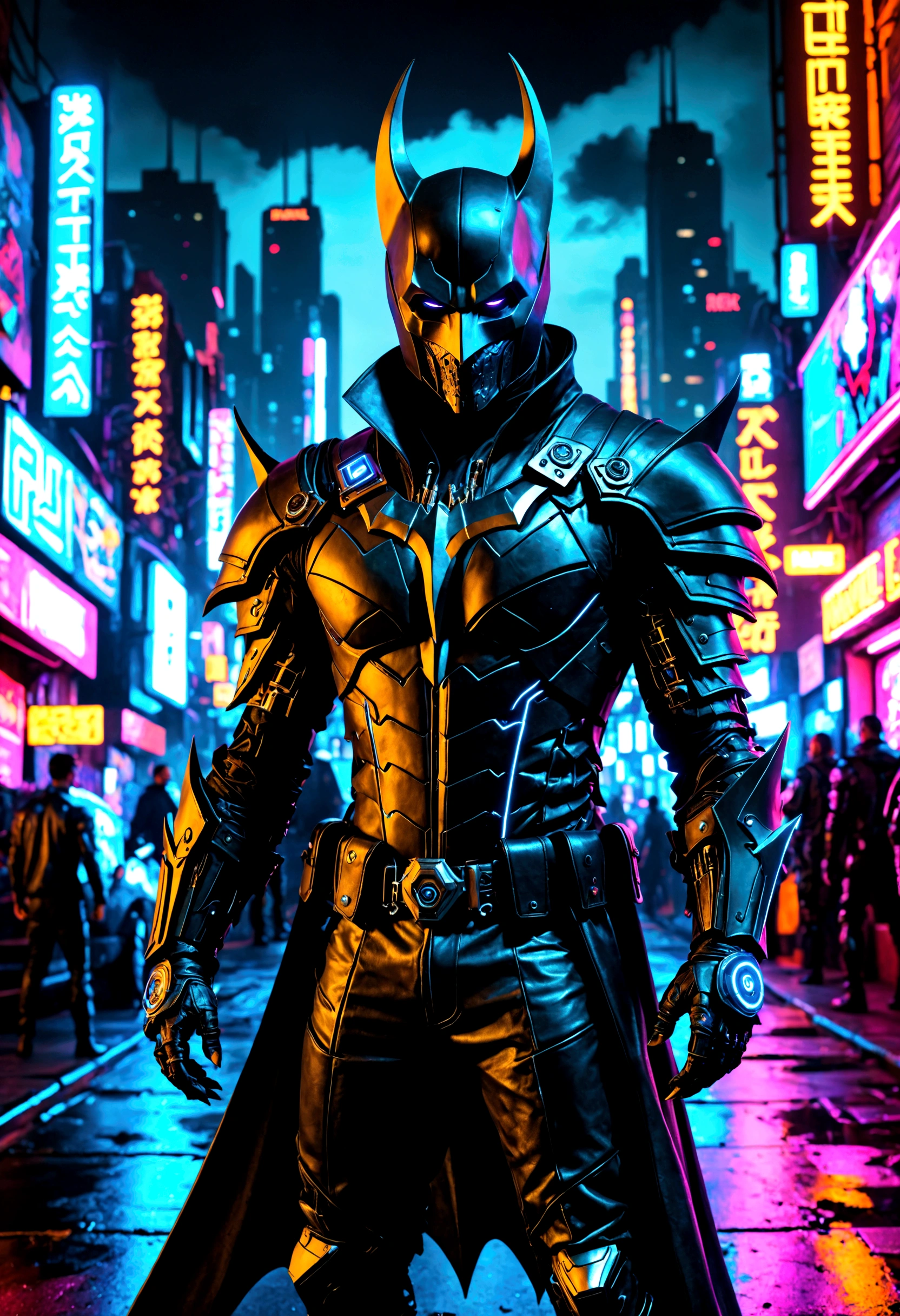 (extremely detailed 8k wallpaper), a medium shot photo of cyberpunk scary Grim dressed as bat in an armour made of black leather from marvel, cyberpunk theme, intricate, high detail, dramatic, neon city lights in the background