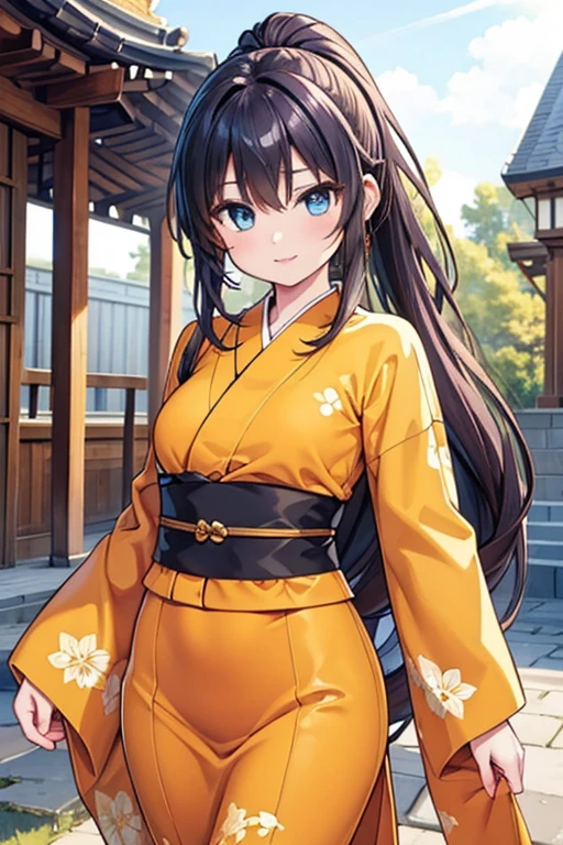 #Basics A girl is posing for a photo, animeのかわいい女の子, (((One Girl, , 16 years AK
#Clothing Accessories
((Orange and black)Yukata : Sunflower pattern + Blue band + Long sleeve + Wide sleeves, geta),
(big silver necklace, Silver earrings, Hair clip),
BREAK
#Features
(Purple Hair:1.4, Chest-length sideburns:1.4 + Curly hair:1.4, Big ponytail : Hair blowing in the wind + Very long hair + Curly hairで横に広がるボリュームのある髪 + Outwardly curled hair),
(Droopy eyes,blue eyes), (Small breasts),
BREAK
#expression
(smile),
#background environment
((noon, Sunshine + shrine + Rural landscape)),
#composition
(Face the viewer:1.4, Aggressive Pose:1.4, Cowboy Shot:1.4),
BREAK
#Body parts elements
(Beautiful Hair,Shiny Hair),
(double eyelid, Long eyelashes),
(Expression of fine eyes, Beautiful and delicate eyes, Sparkling eyes, Eye Reflexes),
(Human Ear),
(Beautiful Nose, Thin Nose),
(Glossy lips, Beautiful Lips, Thick lips), (Symmetrical facial features),
(Detailed skin, Textured skin, Beautiful Skin),
BREAK
#Quality
(((Highest quality)), ((masterpiece)), ((Very detailed))), ((High resolution), (16k,1080p)),
(Realistic), (Anatomically correct),
((comics, anime)), (3DCG), CG illustration,