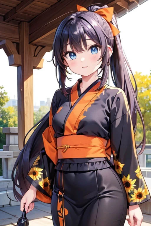 #Basics A girl is posing for a photo, animeのかわいい女の子, (((One Girl, Baby Face, 16 years old))),
BREAK
#Clothing Accessories
((Orange and black)Yukata : Sunflower pattern + Blue band + Long sleeve + Wide sleeves, geta),
(big silver necklace, Silver earrings, Hair clip),
BREAK
#Features
(Purple Hair:1.4, Chest-length sideburns:1.4 + Curly hair:1.4, Big ponytail : Hair blowing in the wind + Very long hair + Curly hairで横に広がるボリュームのある髪 + Outwardly curled hair),
(Droopy eyes,blue eyes), (Small breasts),
BREAK
#expression
(smile),
#background environment
((noon, Sunshine + shrine + Rural landscape)),
#composition
(Face the viewer:1.4, Aggressive Pose:1.4, Cowboy Shot:1.4),
BREAK
#Body parts elements
(Beautiful Hair,Shiny Hair),
(double eyelid, Long eyelashes),
(Expression of fine eyes, Beautiful and delicate eyes, Sparkling eyes, Eye Reflexes),
(Human Ear),
(Beautiful Nose, Thin Nose),
(Glossy lips, Beautiful Lips, Thick lips), (Symmetrical facial features),
(Detailed skin, Textured skin, Beautiful Skin),
BREAK
#Quality
(((Highest quality)), ((masterpiece)), ((Very detailed))), ((High resolution), (16k,1080p)),
(Realistic), (Anatomically correct),
((comics, anime)), (3DCG), CG illustration,