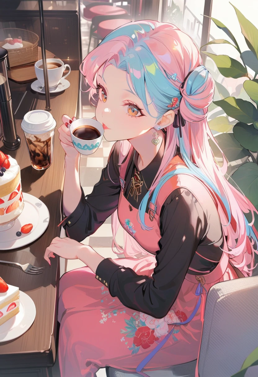 One girl,Drink coffee, Multicolored Hair, Shoulder-length hair, Retro costumes, High heels, Sideways glance, Sitting, Hyper Pop, Cafe,cake、 Retro feel, overview, masterpiece, Highest quality,