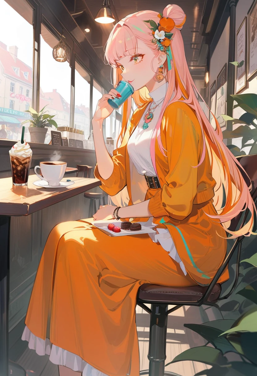 One girl,Drink coffee, Multicolored Hair, Shoulder-length hair, Retro costumes, High heels, Sideways glance, Sitting, Hyper Pop, Cafe,cake、 Retro feel, overview, masterpiece, Highest quality,