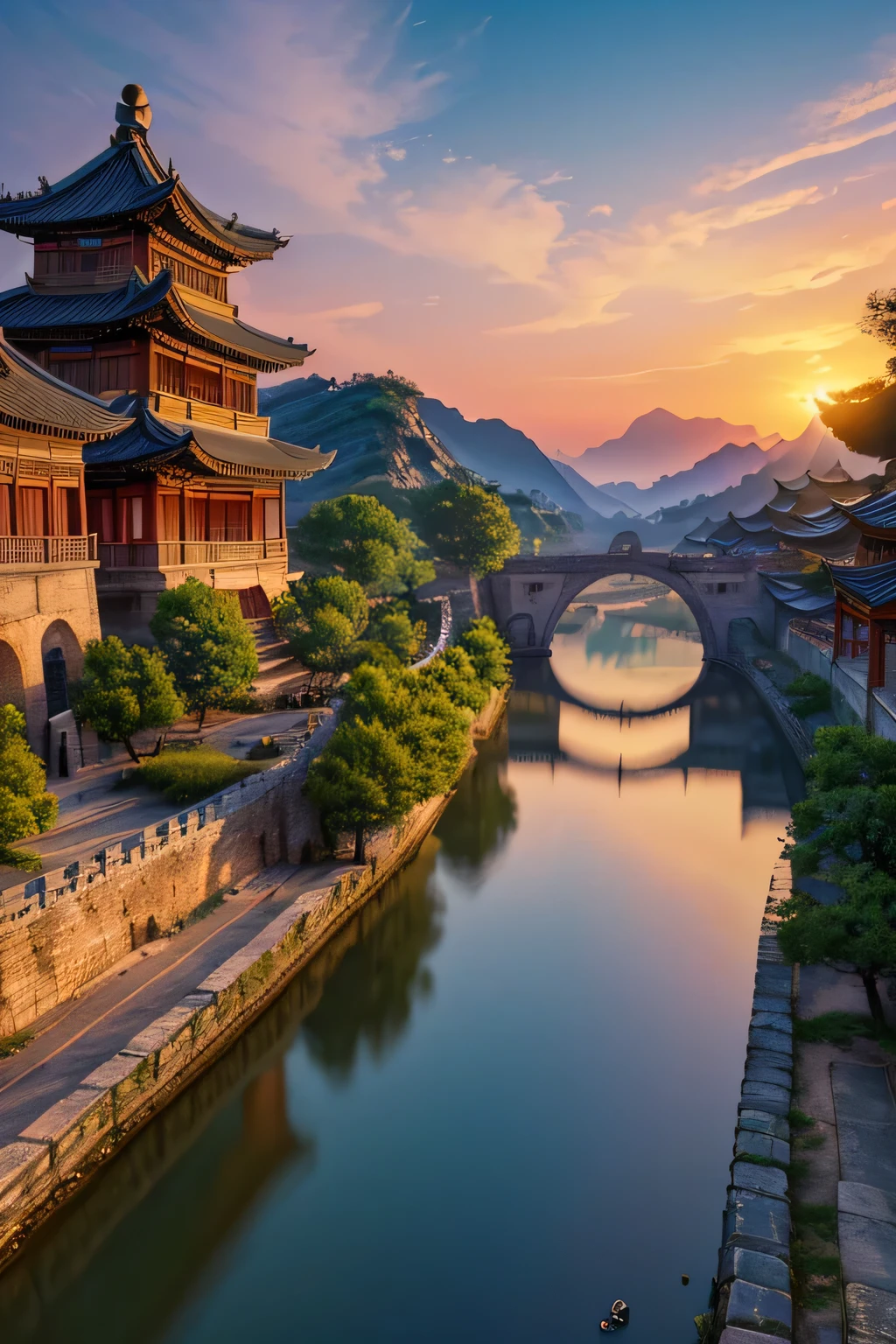 Ancient City at Sunset, Ancient China, panoramic view, vivid scenery, beautiful, vivid colors, Ultra high saturation, (best quality, masterpiece, Representative work, official art, Professional, unity 8k wallpaper:1.3), river, bridge, boat