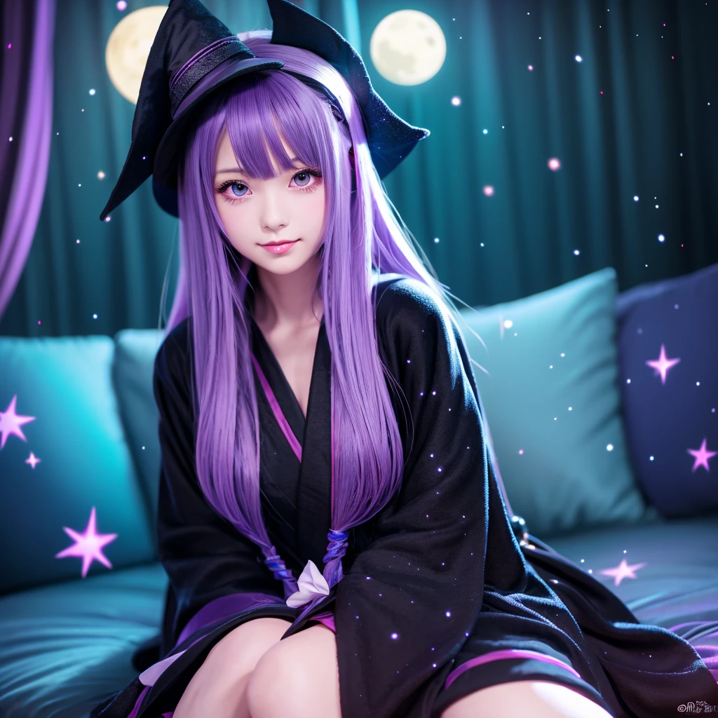 anime girl long purple hair wearing a black Robe. she has pointy ears. Witch Hat. Manga kawaii. iridescent ,An illustration, Sit on the sofa, (no background)