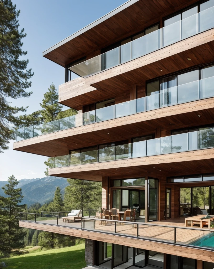 modern house with a balcony and a terrace, in the mountains, peaceful wooden house, amidst of nature fully covered, large modern residence, in style of ultra realistic, contemporary house, integrated in the mountains,
