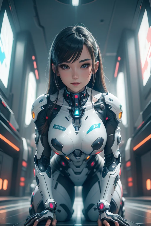 Woman in a futuristic suit standing in a futuristic city, Girl wearing mecha cyber armor, (Mechanized Valkyrie Girl), (Beautiful cyborg angel girl), Cyberpunk Girl Mecha, Unreal Engine Rendering + goddess, Cyberpunk Girl, Beautiful Caucasian girl cyborg、Medium chest、smile、(all fours)