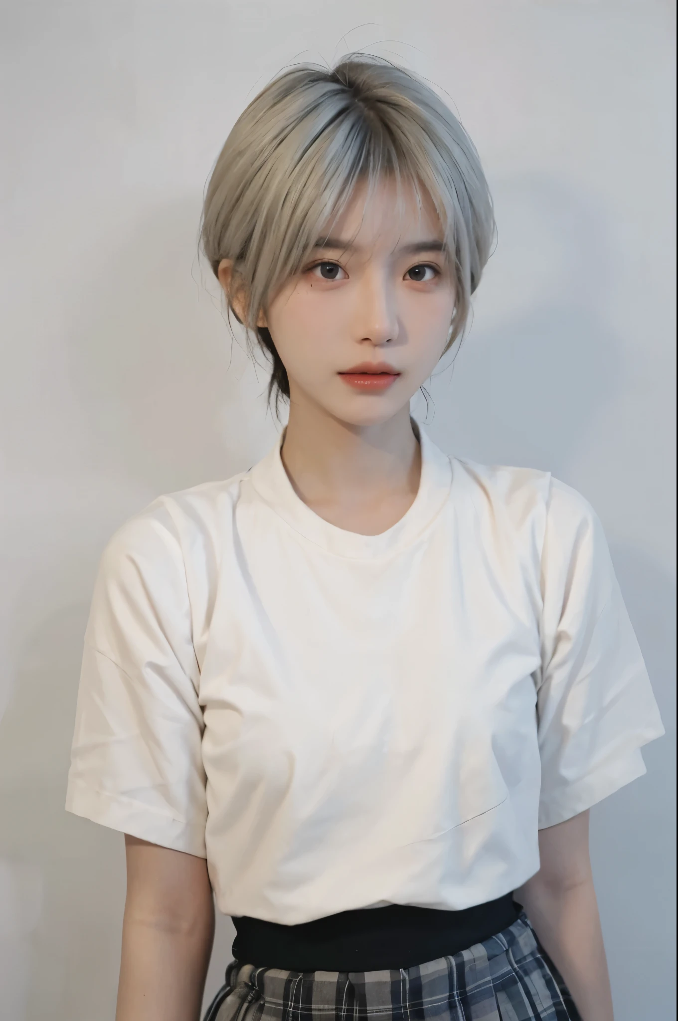 Beautiful woman with perfect figure:1.4,Ultra-high resolution,White background,(lifelike:1.4),Layered Hairstyle,Lipstick,White skin,Super short pleated skirt,whole body,Very delicate face and skin texture,Double eyelids,Skin Whitening,short hair,White hair