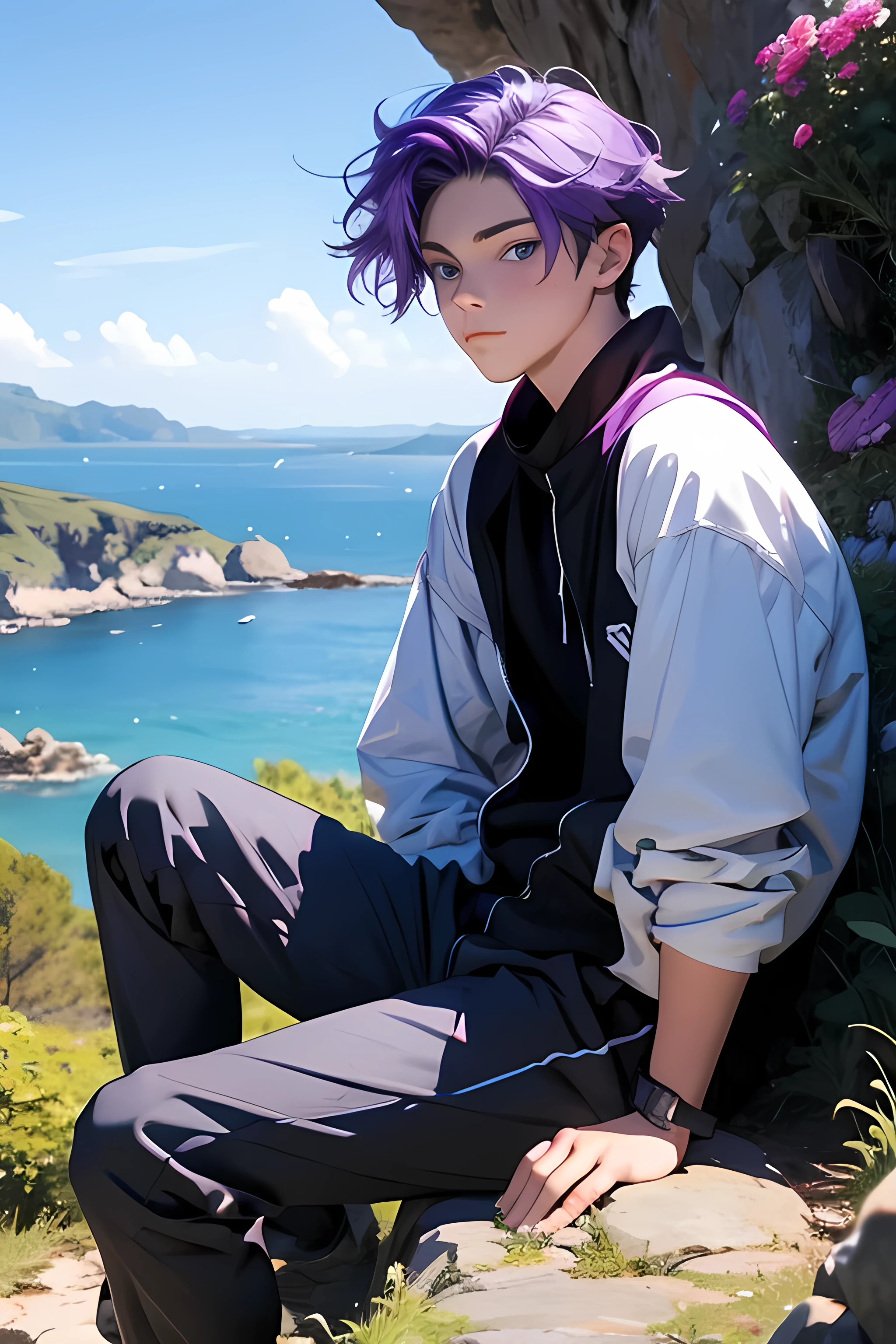 A  boyz purple hair, blue eyes, watching the view sitting on a rock, with flowers around 