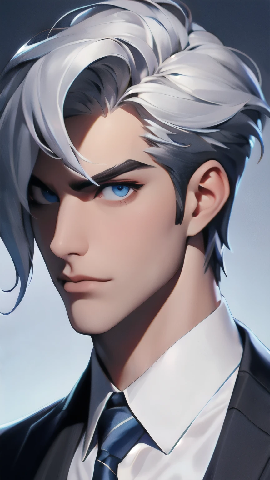 Boy, silver hair, blue eyes, serious sharp features, white skin, shiny lips, handsome, gray formal suit