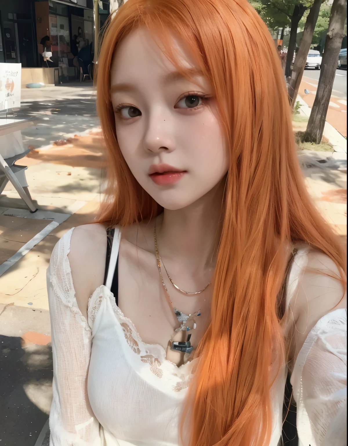 Araped woman with long red hair and white top, Best Face, Korean woman, she has long redorange hair, anime girl in real life, orange hair, hime cut, pale and fair skin!!, Blackpink's Roseanne Park, long orange hair, Larisa Manoval, She has long orange brown hair, Lena Nunen Style 3/4, yunjin Lesserafim