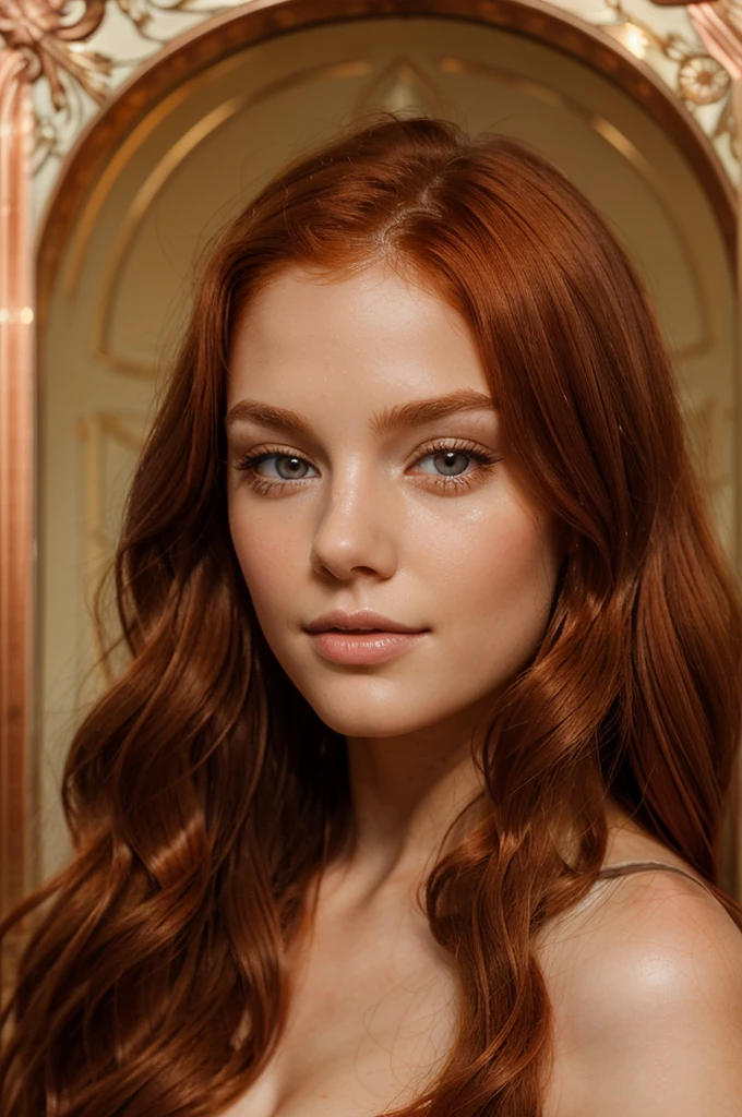 a beautiful young woman who is blessed with striking features. Her long, wavy ginger-red hair cascades down her back, catching the light in shimmering copper tones. Her skin, though slightly pale, is smooth and unblemished and her chocolate brown eyes, framed by thick lashes