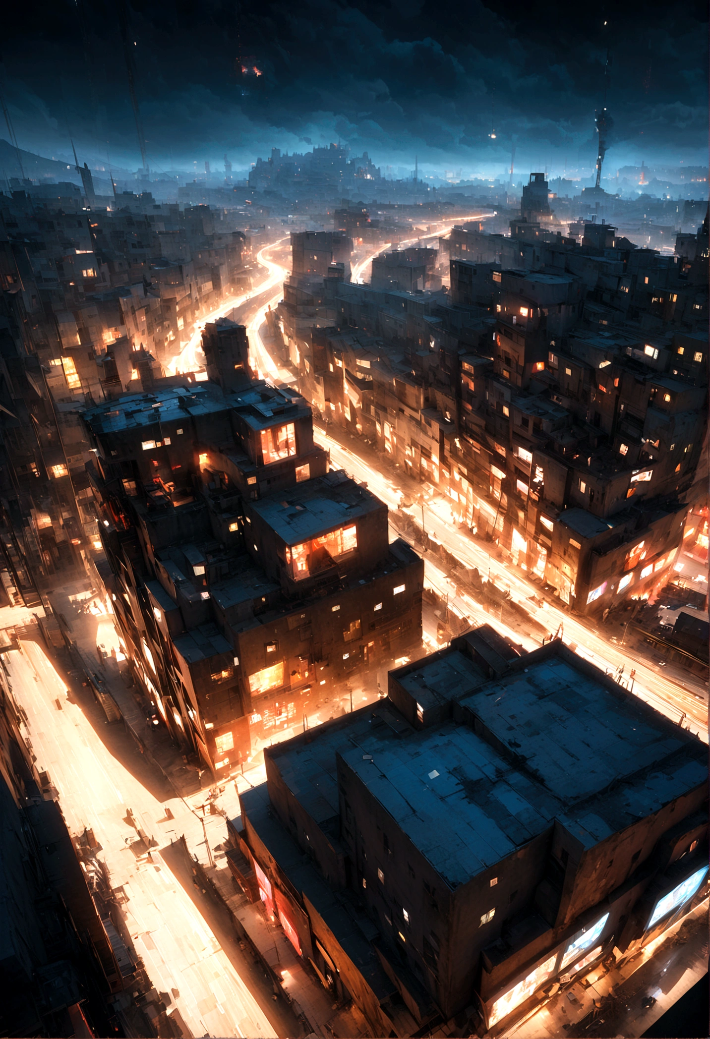 dystopian city , People live, Night view city slums , Bright lighting, Spirited, Very crowded, Populous, Color Scheme, Art Station, Create ultra-realistic renderings of aircraft，Like a bicycle. Street cables densely cover the areas between buildings. Lighting scene lights on, quality\(8k,非常に精細なCGユニットのwallpaper, masterpiece,High resolution,top-quality,top-quality real texture skin,Surreal,Increase the resolution,RAW Photos,最高quality,Very detailed,wallpaper,Cinema Lighting,Ray-tracing,Golden Ratio\),(Long Shot),landscape,