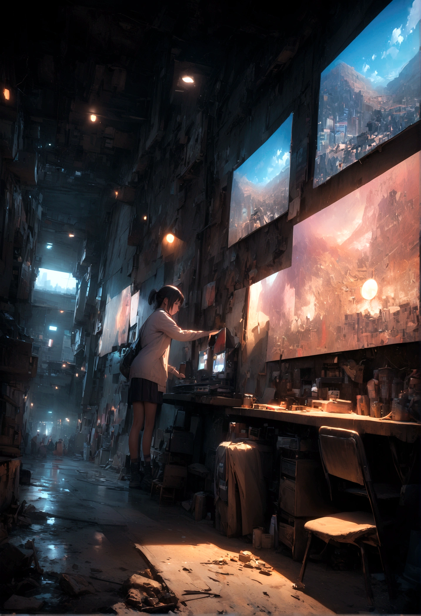 dystopian city , People live, Night view city slums , Bright lighting, Spirited, Very crowded, Populous, Color Scheme, Art Station, Create ultra-realistic renderings of aircraft,Like a bicycle. Street cables densely cover the areas between buildings. Lighting scene lights on, quality\(8k,非常に精細なCGユニットのwallpaper, masterpiece,High resolution,top-quality,top-quality real texture skin,Surreal,Increase the resolution,RAW Photos,最高quality,Very detailed,wallpaper,Cinema Lighting,Ray-tracing,Golden Ratio\),(Long Shot),landscape,
