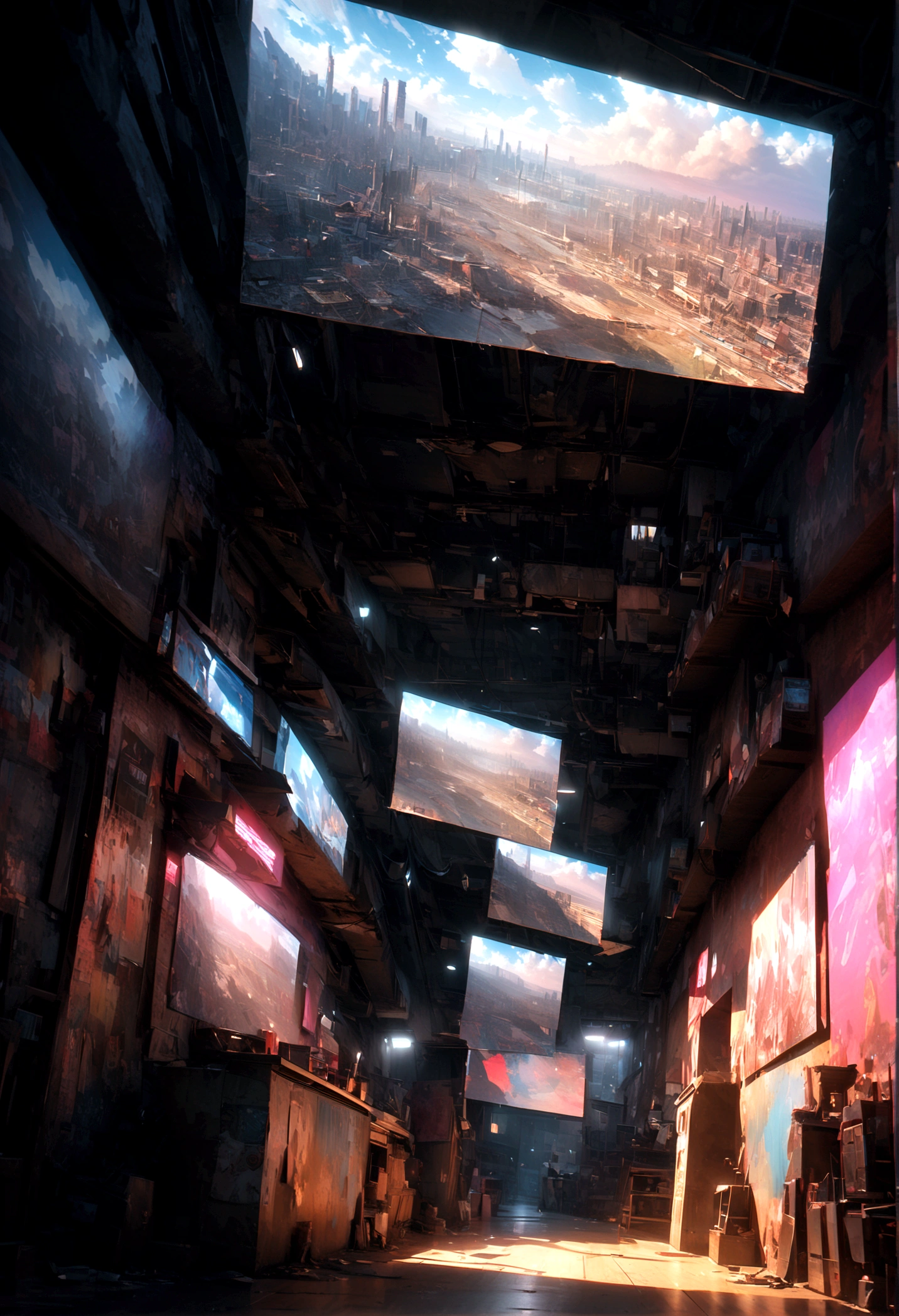 dystopian city , People live, Night view city slums , Bright lighting, Spirited, Very crowded, Populous, Color Scheme, Art Station, Create ultra-realistic renderings of aircraft，Like a bicycle. Street cables densely cover the areas between buildings. Lighting scene lights on, quality\(8k,非常に精細なCGユニットのwallpaper, masterpiece,High resolution,top-quality,top-quality real texture skin,Surreal,Increase the resolution,RAW Photos,最高quality,Very detailed,wallpaper,Cinema Lighting,Ray-tracing,Golden Ratio\),(Long Shot),landscape,