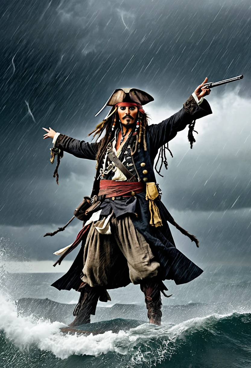 Captain Jack Sparrow defying the storm with his companions atop his blackboard ship