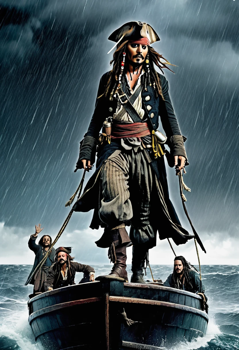 Captain Jack Sparrow defying the storm with his companions atop his blackboard ship