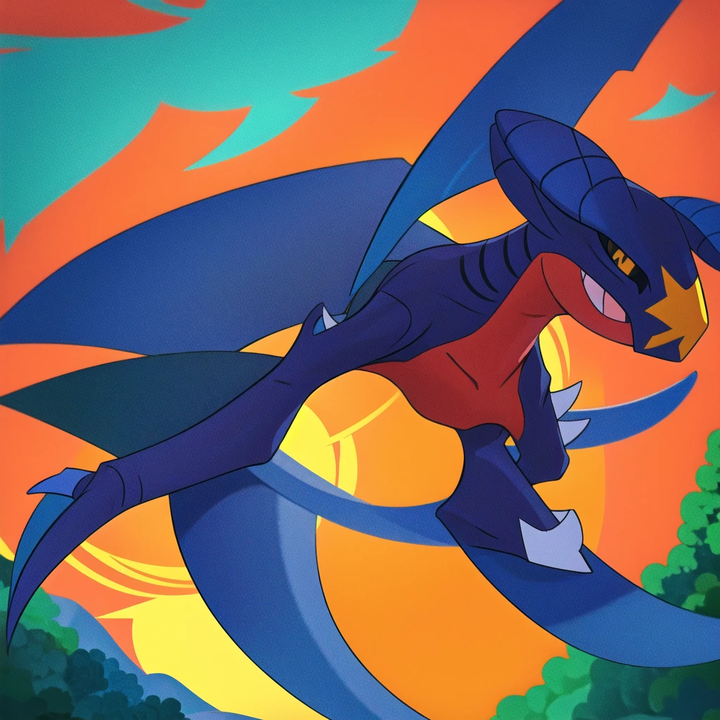 garchomp, solo, anime, smile, closed mouth, looking at viewer, orange sky, forest, bush