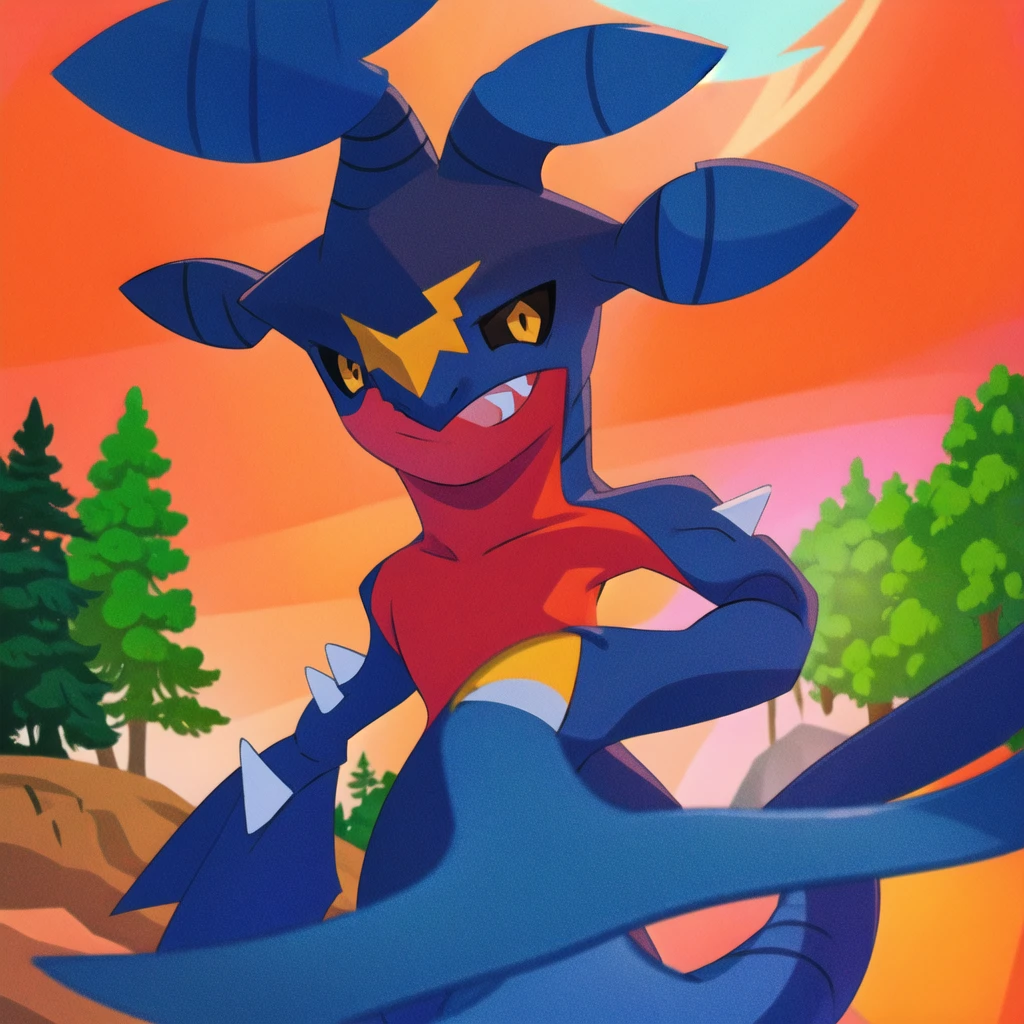 garchomp, solo, anime, smile, closed mouth, looking at viewer, orange sky, forest, bush