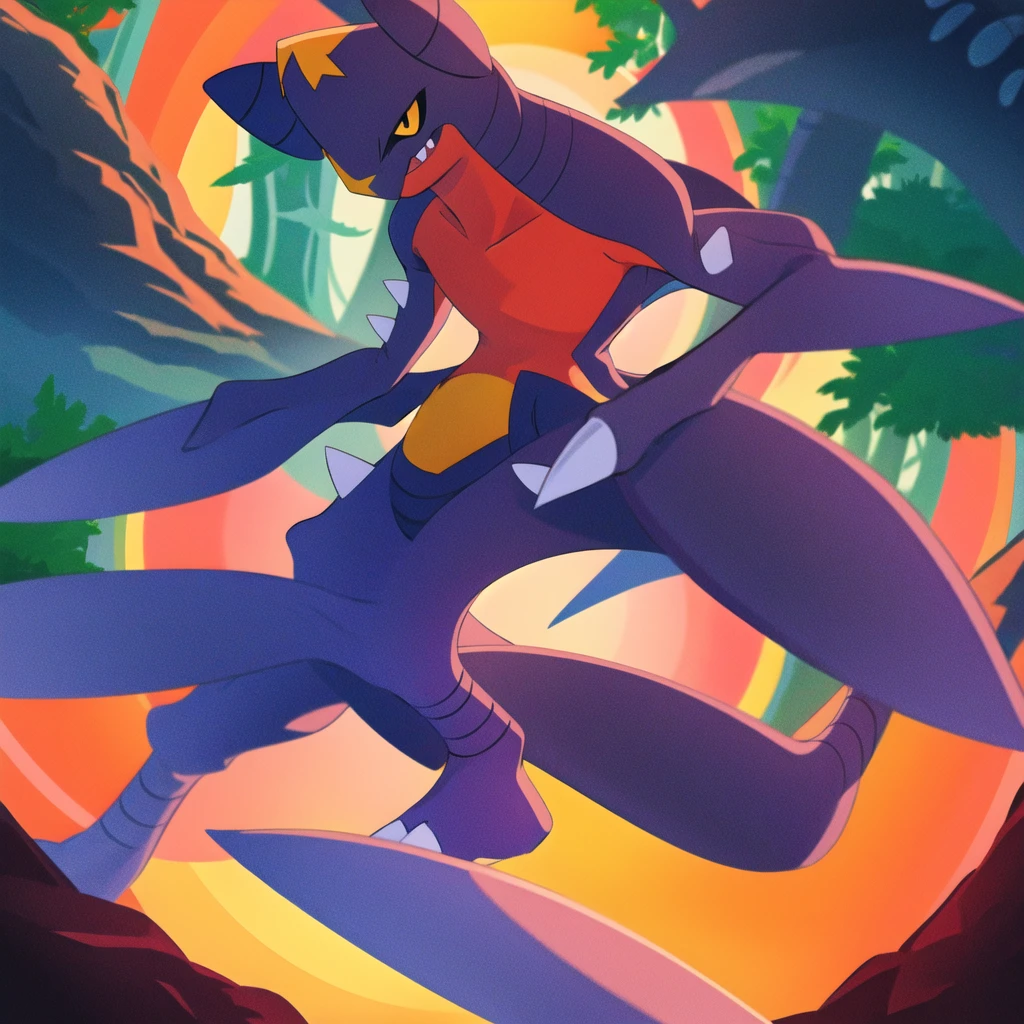 garchomp, solo, anime, smile, closed mouth, looking at viewer, orange sky, forest, bush