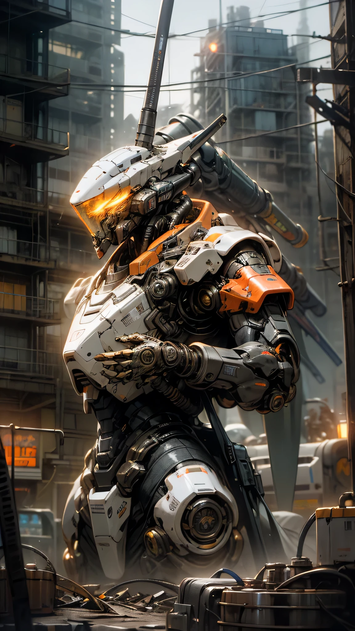 On the moon,barren planets, ruins, holding_weapon, no_humans, glowing, robot, building, glowing_eyes,orange mecha, science_fiction, city, realistic,mecha,Milky Way Galaxy background,neon,cyberpunk,steampunk chrome white black