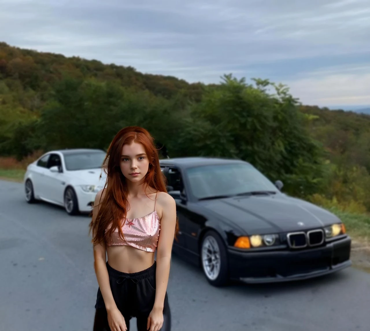 (((Masterpiece))), 25-year-old Caucasian French girl with shoulder-length messy red hair, adorned with crystal glow, blooming hair akin to . Certainly!
A silhouette of a girl with her back to the camera. She is wearing short shorts and a black hoodie. Her face is not visible.buttocks sticking out of pants,
