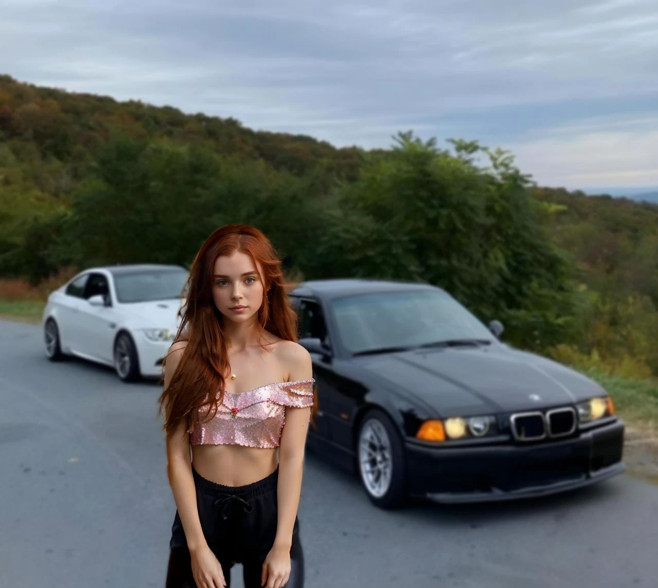 (((Masterpiece))), 25-year-old Caucasian French girl with shoulder-length messy red hair, adorned with  crystal glow, blooming hair akin to . Certainly!

A silhouette of a girl  with her back to the camera. She is wearing short shorts and a black hoodie. Her face is not visible.buttocks sticking out of pants,