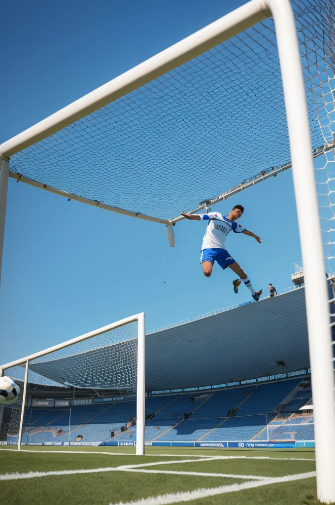 A soccer goalkeeper under a goalpost with his head touching the crossbar, devido a sua altura, com uniforme com listras horizontais nas cores azul vermelho e branco, sendo a listra branca mais discreta e fina