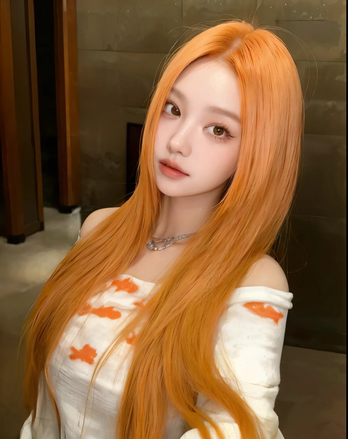 a close up of a woman with Long orange hair posing for a picture, 그녀는 Long orange hair를 가지고 있어요, Blackpink&#39;s Roseanne Park, She has long orange brown hair., Josh de Blackpink, Long orange hair, portrait of Josh de Blackpink, very Long orange hair, Tzuyu number 2, Best Face, Larisa Manoval, Korean woman
