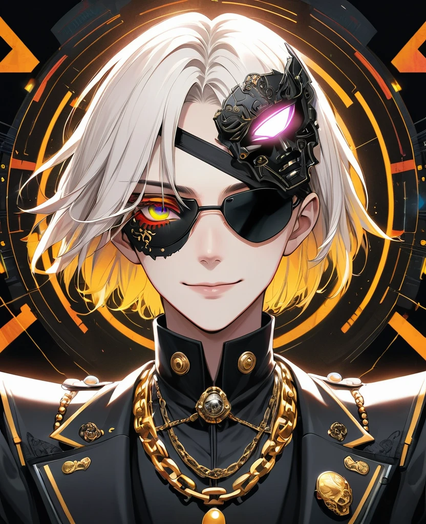 (Digital Illustration,Detailed anime style,Heavy Metal Cyberpunk,Pearl tassel eye mask,Portrait of short-haired boy wearing mask eye patch,Solitary,symmetry),(Big colorful eyes,Fashionable and exquisite facial features,Exquisite makeup,Smooth skin,Smile,Soulful gaze,),(Black suit,Epaulettes-Chain,cool,),(((Correct human anatomy))),,out a hand:1.37.Radioactive geometric dynamic light wave background