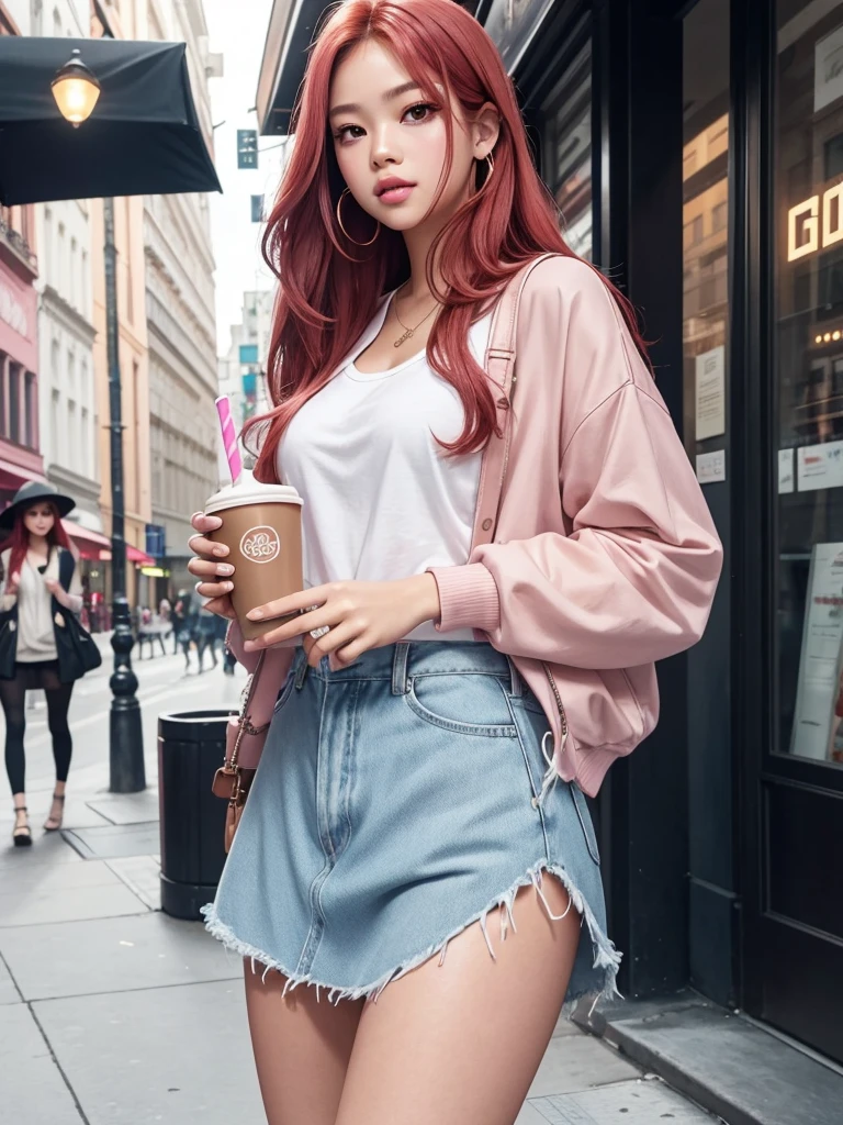 glowing skin, lips, sacimaer detailed skin, Beautiful face and detailed pink eyes, Spotlight, professional lighting, 1 girl, Alone, long hair, wearing a cute and casual outfit, natural pose, lips, indoor, realistic, I want the whole image be created, face and body of blackpink's Jennie kim with red hair and in four places with different poses doing random things taking a walk around the city having a coffee or some other drink like a milkshake