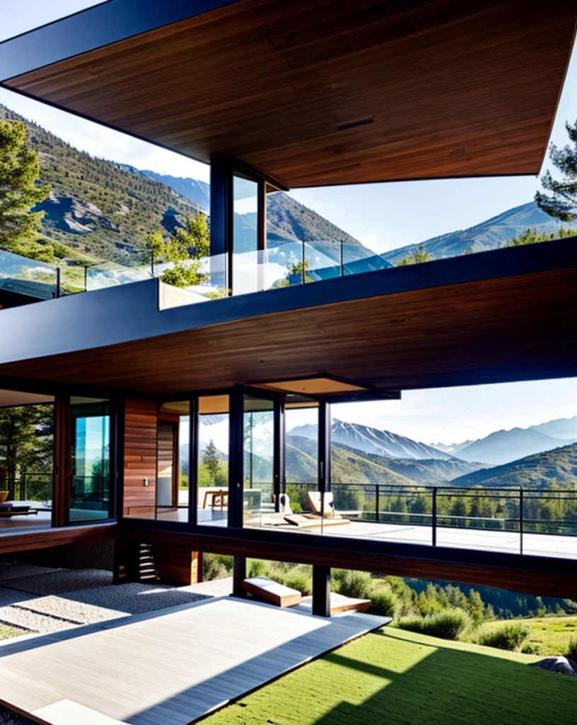 modern house with a balcony and a terrace, in the mountains, peaceful wooden house, amidst of nature fully covered, large modern residence, in style of ultra realistic, contemporary house, integrated in the mountains,