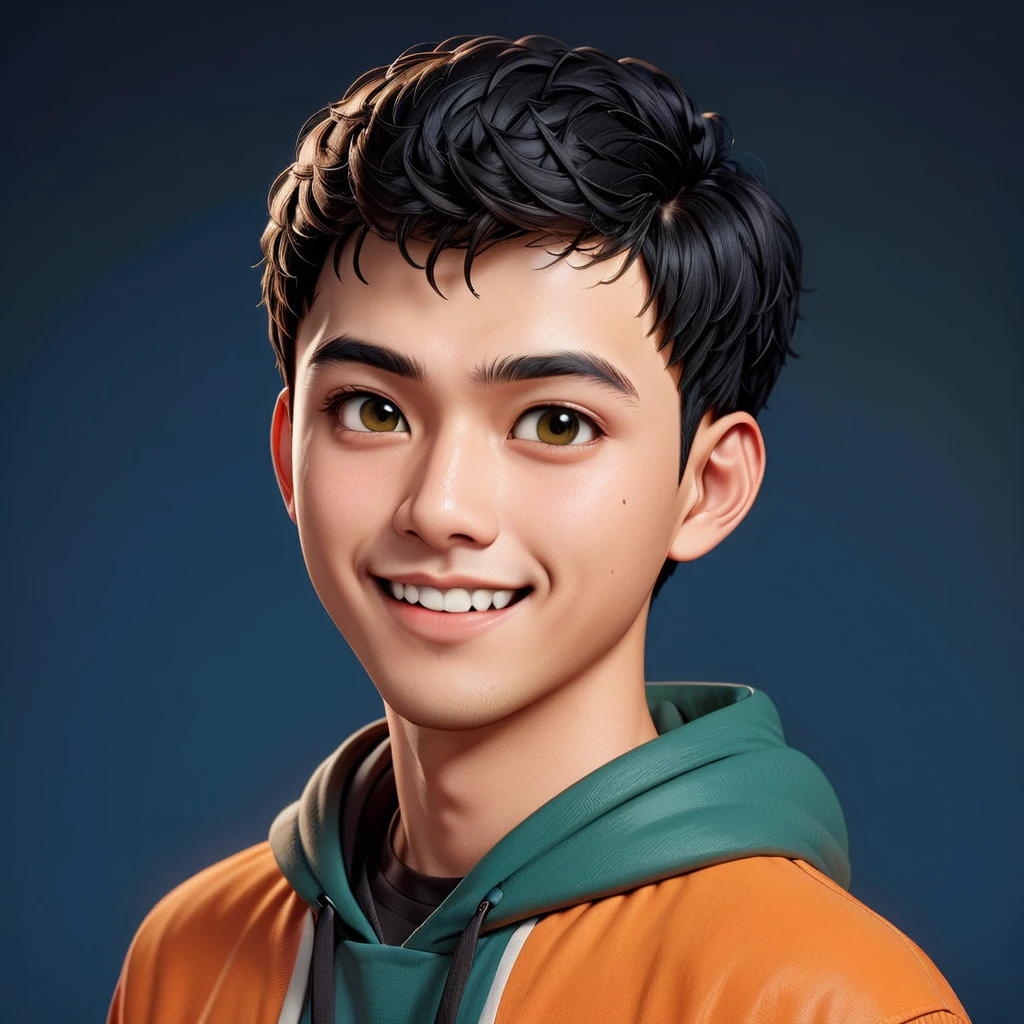 Create a cartoonish caricature 3D animation of a big-headed. a 19 year old Indonesian man. She has short black pixie cut hair. His face is oval with smooth lines, thick and neat black eyebrows, small eyes, a small, sharp nose, and thin lips with a wide, friendly smile. He wore a dark green hoodie over an orange t-shirt. Gradient blue background. masterpiece, top quality, highly detailed skin and face, ultra-realistic, high definition, sharp focus, 2/3 body angle, Concept Art.