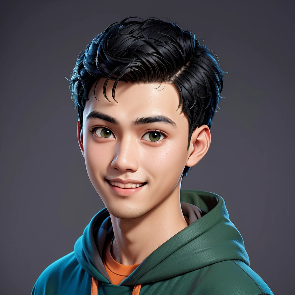 Create a cartoonish caricature 3D animation of a big-headed. a 19 year old Indonesian man. She has short black pixie cut hair. His face is oval with smooth lines, thick and neat black eyebrows, small eyes, a small, sharp nose, and thin lips with a wide, friendly smile. He wore a dark green hoodie over an orange t-shirt. Gradient blue background. masterpiece, top quality, highly detailed skin and face, ultra-realistic, high definition, sharp focus, 2/3 body angle, Concept Art.