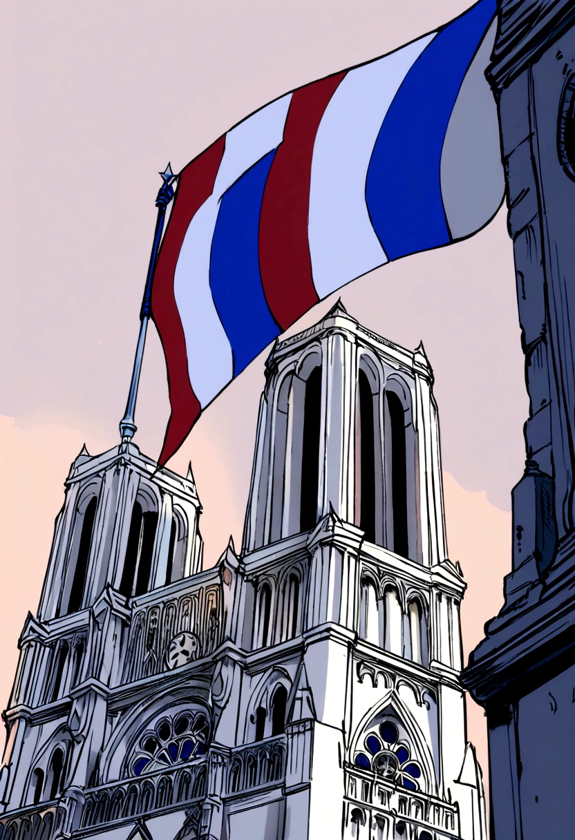 Zelda with a flag of France in the colors blue white red, behind Notre Dame de Paris