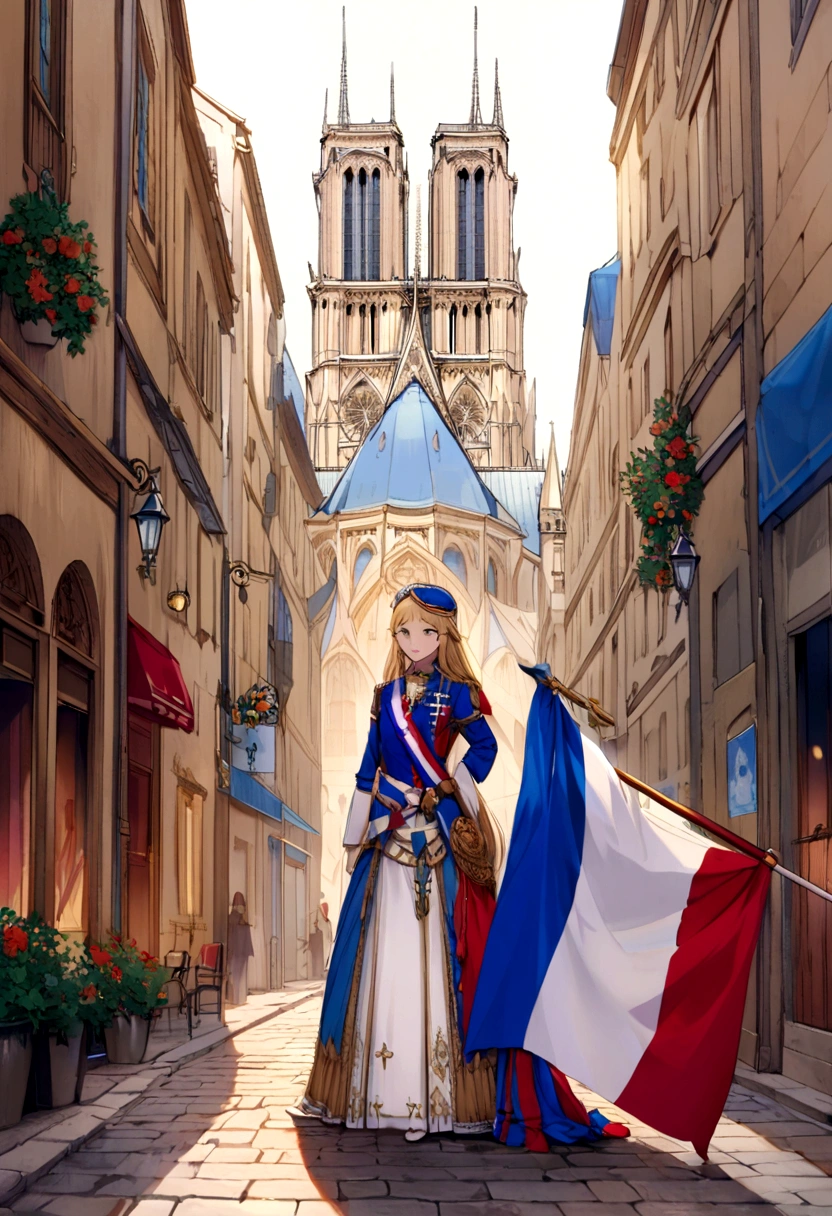 Zelda with a flag of France in the colors blue white red, behind Notre Dame de Paris