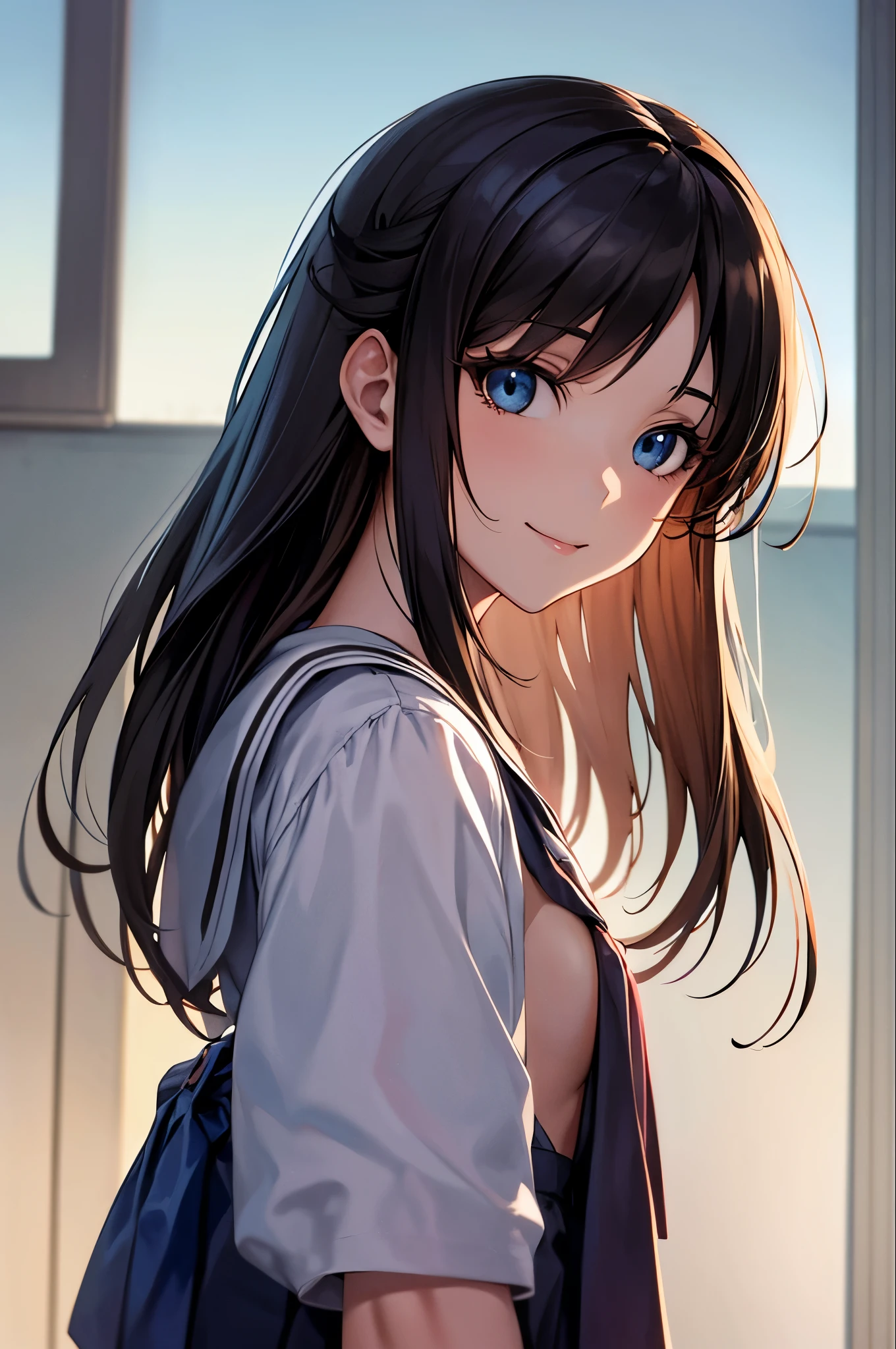 4K, (masterpiece), Highest quality, 2D, , (Teen Anime School Girl), (Small breasts), , Long brown hair, blue eyes, smile, Full Height, Clear Eyes, Black eyelashes, (Intricately detailed), dramatic, makoto shinkai, Trending on CGSociety