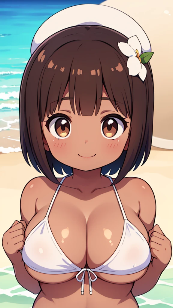 Beautiful young girl , Beautiful round breasts,Bust up front,Beautiful upturned breasts,G-Cup, Narrow waist,Brown skin,Short Bob,Baby Face, bikini top,(((Enlarged view of the upper body))),View from the front, Cleavage is clearly visible,Keep your head upright and smile,ID photo