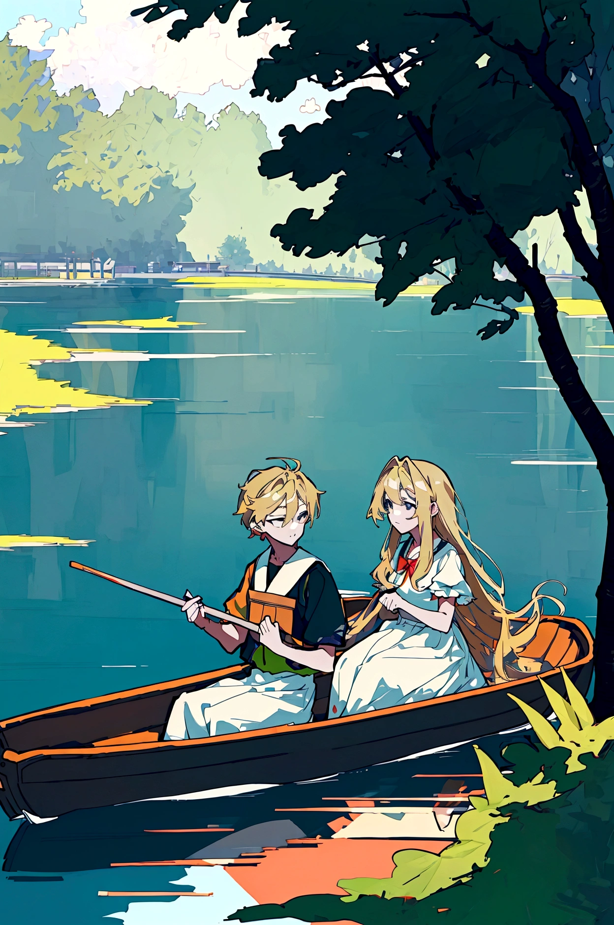 Anime Scene of girl and boy in a boat on a river, Gweiz-style artwork, Anime Rush John 8k Woods, Lofi Art, Lofi Artstyle, On the Lake, Created by Anime Painter Studio, beautiful Anime Scene, koto no ha no niwa, At the Lake, Beautiful peaceful scene in anime, Anime Background, Anime Scene, masterpiece, Highest quality, Highest quality, masterpiece, High resolution, A long-haired blonde girl in a frilly dress and a blonde boy in fairy-tale clothes are facing each other on a boat、A boat floats on a pond in the green forest in early summer、A boy and a girl are sitting facing each other、A boy is rowing a boat