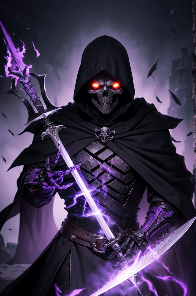 Monster, Warrior, Skull Face, Black Skeleton, Tall, Purple flames in his eyes, Black cloak, Holding Great Sword in hand.